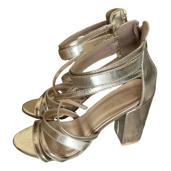 Nicole Miller Metallic Gold Strappy Chunky Heels Size 8 - Picture 2 of 12